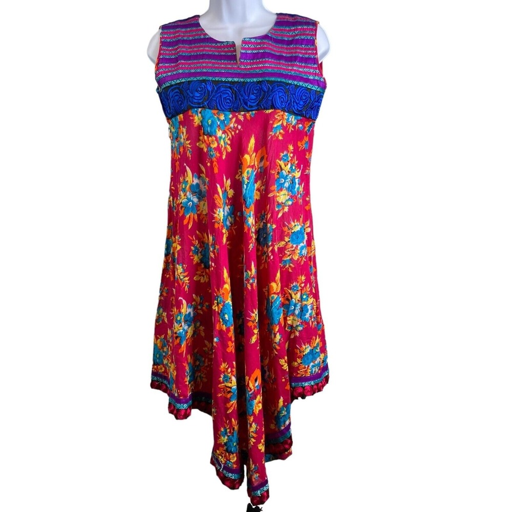 Women's Embroidered Floral Waterfall Hem Midi Dress 8 Boho‎ Festival India-Made